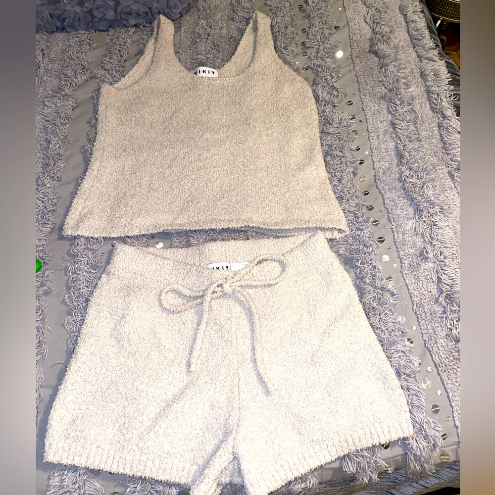 Women's medium fuzzy knit tank top with matching shorts